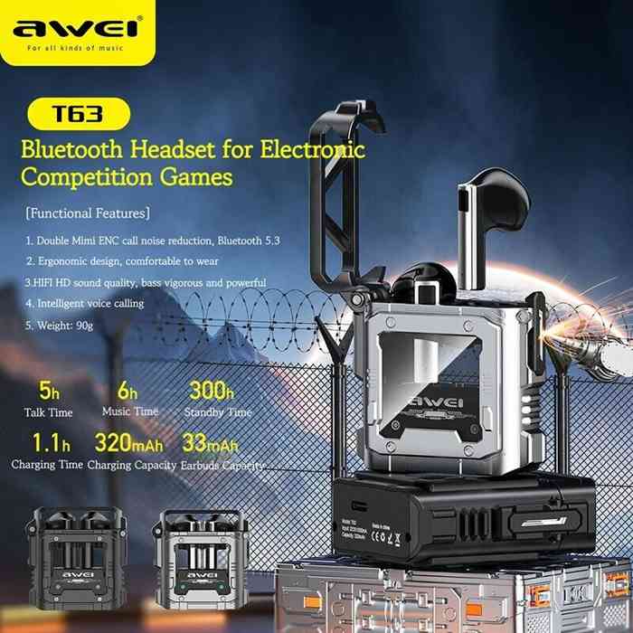 Awei T63 Zinc Alloy Wireless Bluetooth Earphones Bullet Cover Design Hifi Sound Headphones Mechanical TWS RGB Light Headset